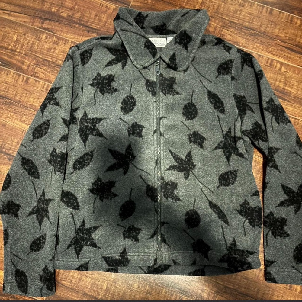 Basic Editions Gray Jacket with Black Leaf Print!